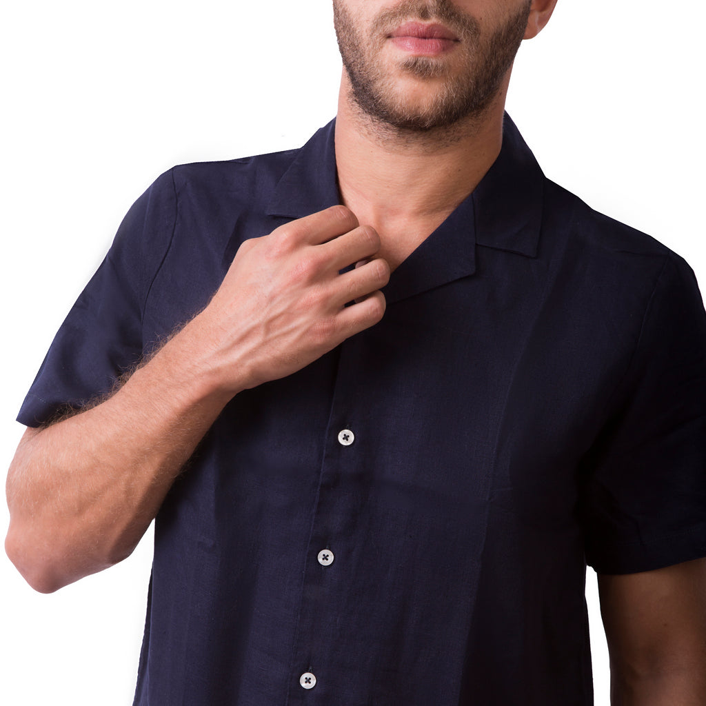 Camp-Collar Linen Short Sleeve Shirt - Dark Navy