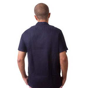 Camp-Collar Linen Short Sleeve Shirt - Dark Navy
