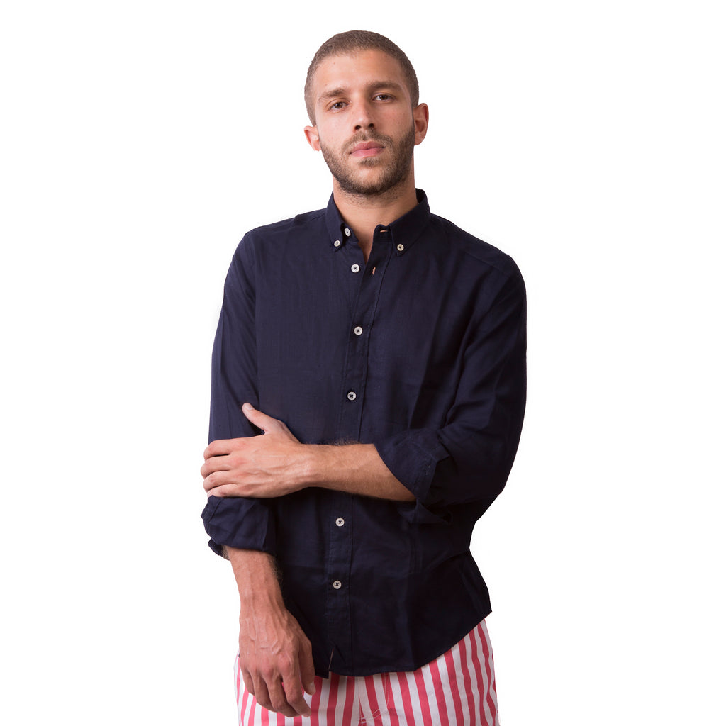 Classic Linen Long Sleeve Shirt - Dark Navy
