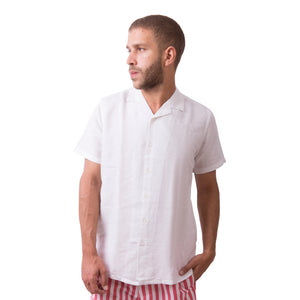 Camp-Collar Linen Short Sleeve Shirt - White