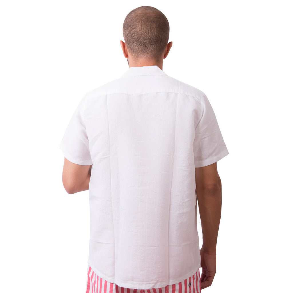 Camp-Collar Linen Short Sleeve Shirt - White